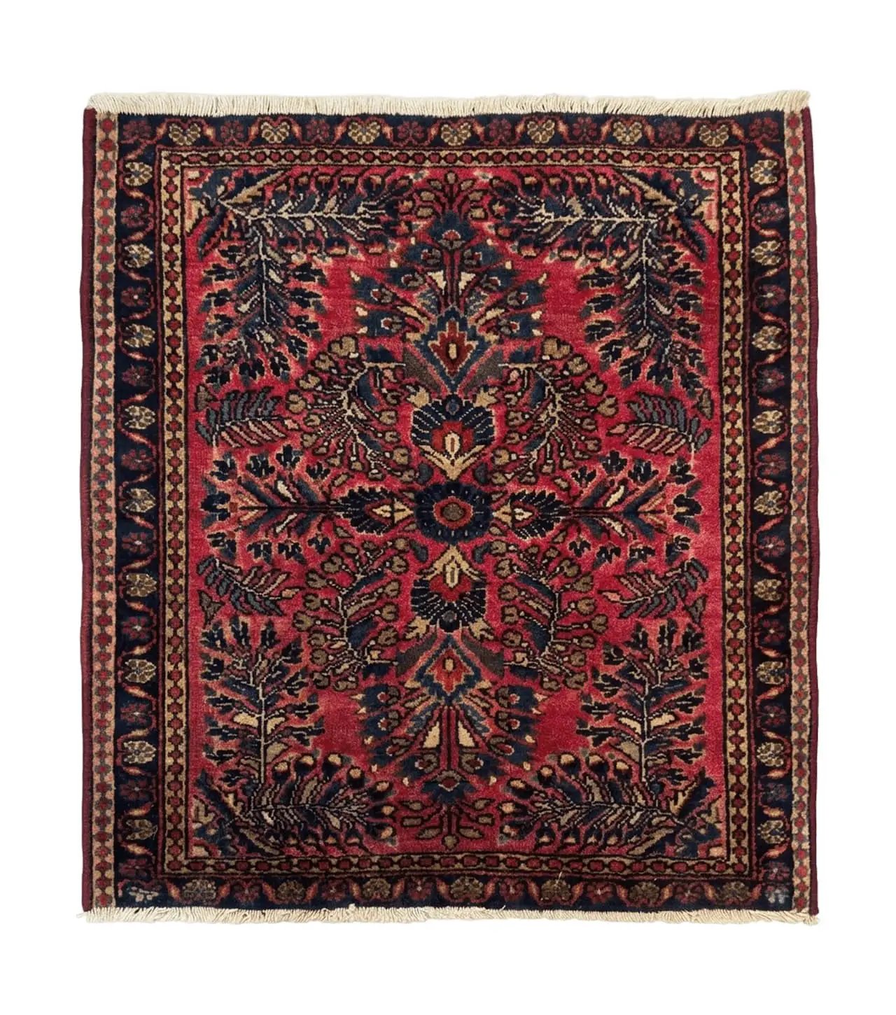 Small Antique Persian Sarouk Rug 2x2 ft, Red 1920s Wool Rug by Jewel Rugs