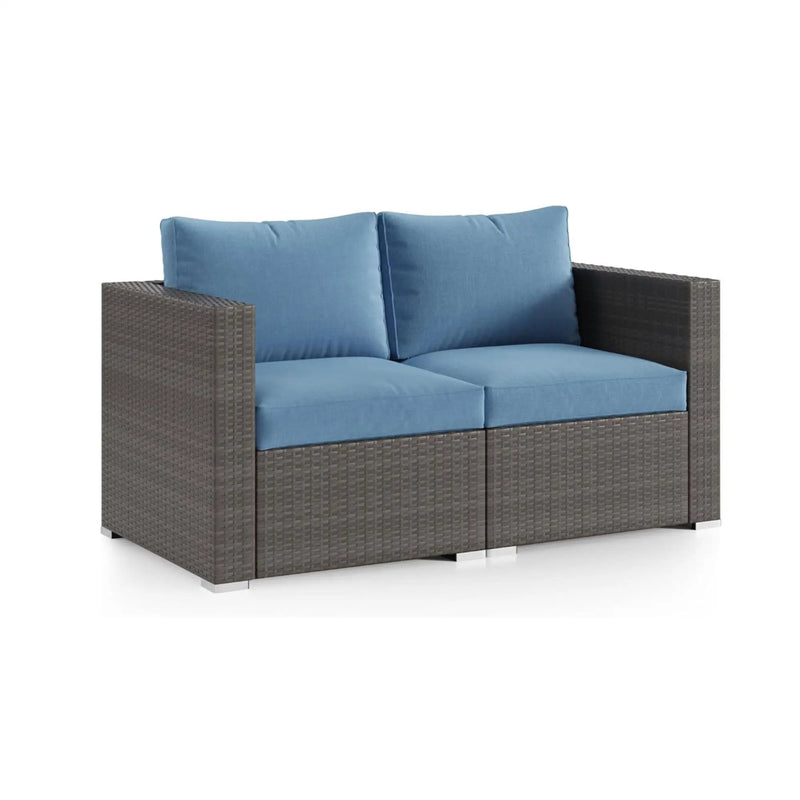 2 Piece Patio Loveseat Set With Thick Cushions, Outdoor Sectional Sofa For Balcony - Blue / Brown by HouseOfZazla