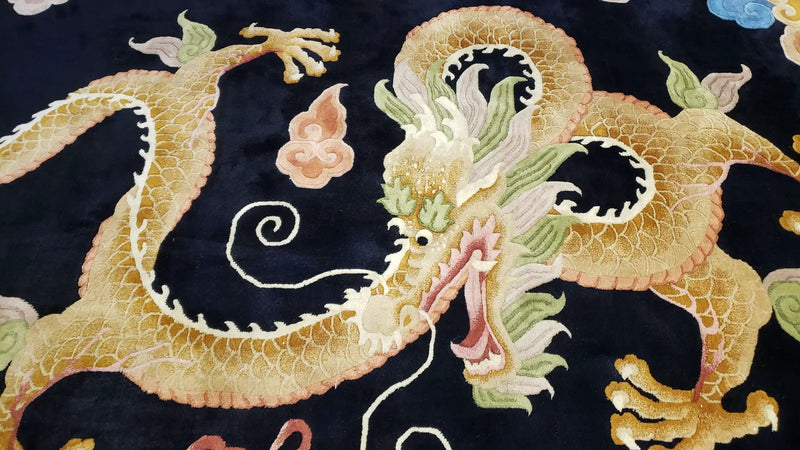 Rare Antique Chinese Art Deco Rug 6x9 with Dragon, Black Chinese Carpet 6 x 9, Hand Knotted Wool Area Rug by Jewel Rugs