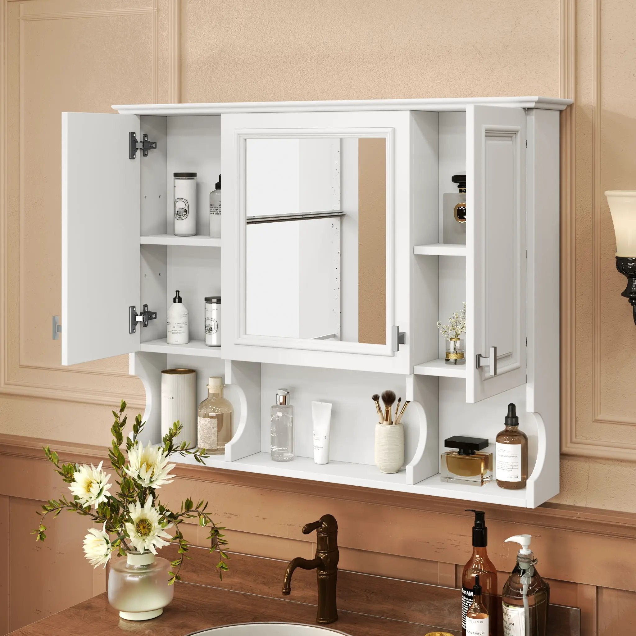 Wall Mounted Bathroom Medicine Wall Cabinet With Mirror & Open Shelves by Unique Piece Furniture