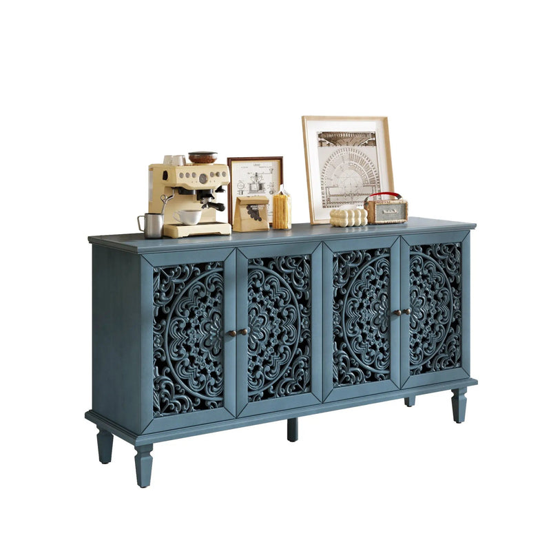 60" Antique Buffet Cabinet with Floral Carvings and Adjustable Shelves by HouseOfZazla