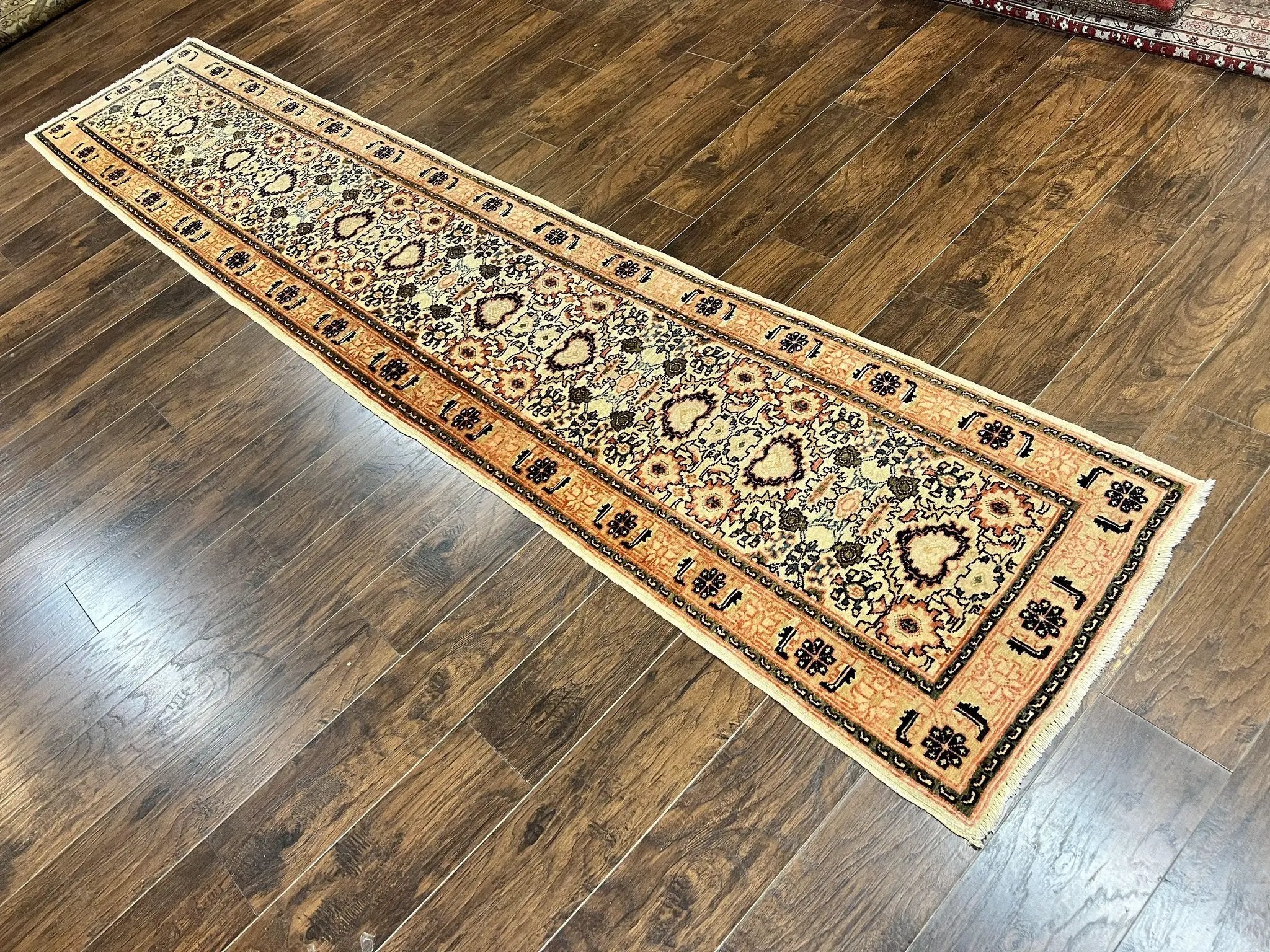 Romanian Runner Rug 2.6 x 12.9, Wool Handmade Hand Knotted Skinny Runner for Hallway, Floral Allover, Vintage Tan Runner by Jewel Rugs