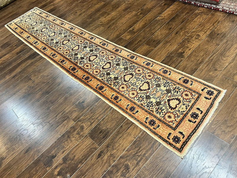 Romanian Runner Rug 2.6 x 12.9, Wool Handmade Hand Knotted Skinny Runner for Hallway, Floral Allover, Vintage Tan Runner by Jewel Rugs