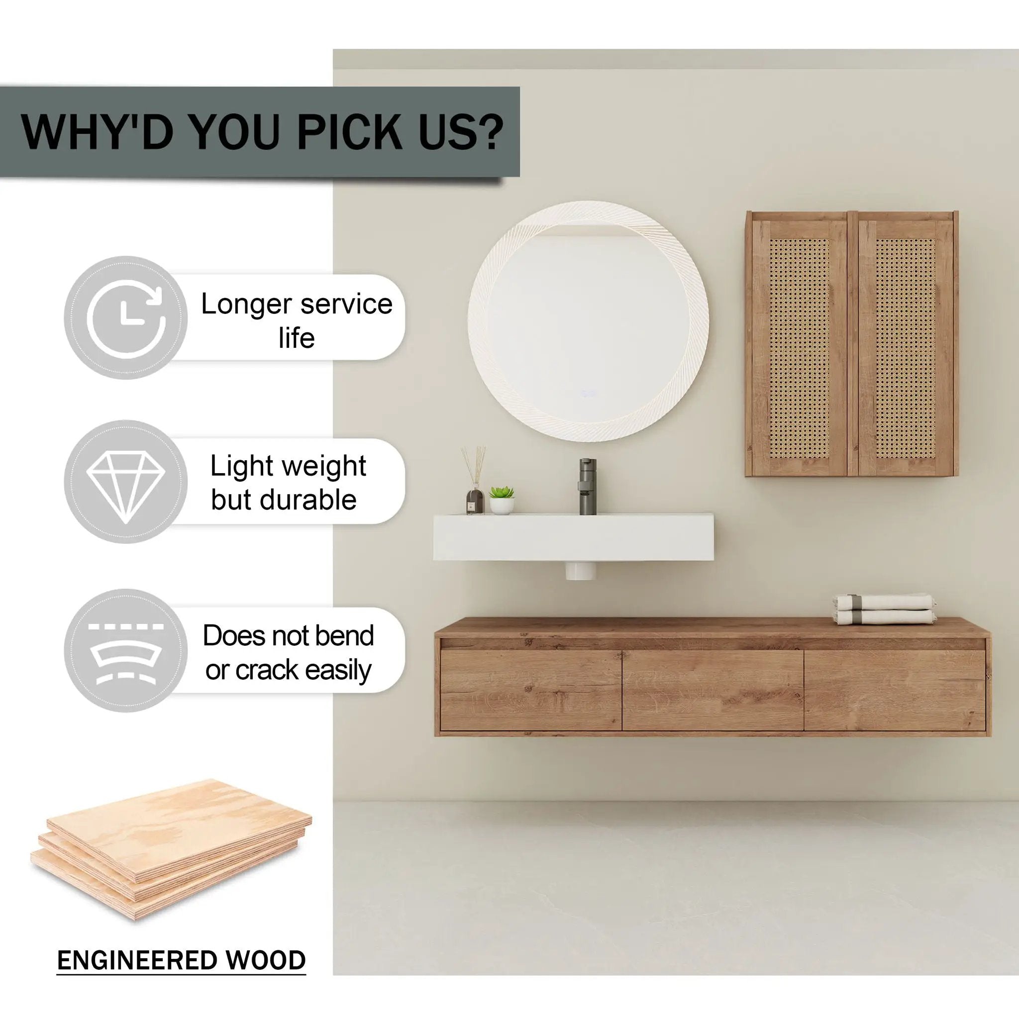 Modern Wall Mounted Bathroom Vanity With Resin Sink And 2 Side Cabinet, Imitative, Construction - Imitative Oak by Unique Piece Furniture