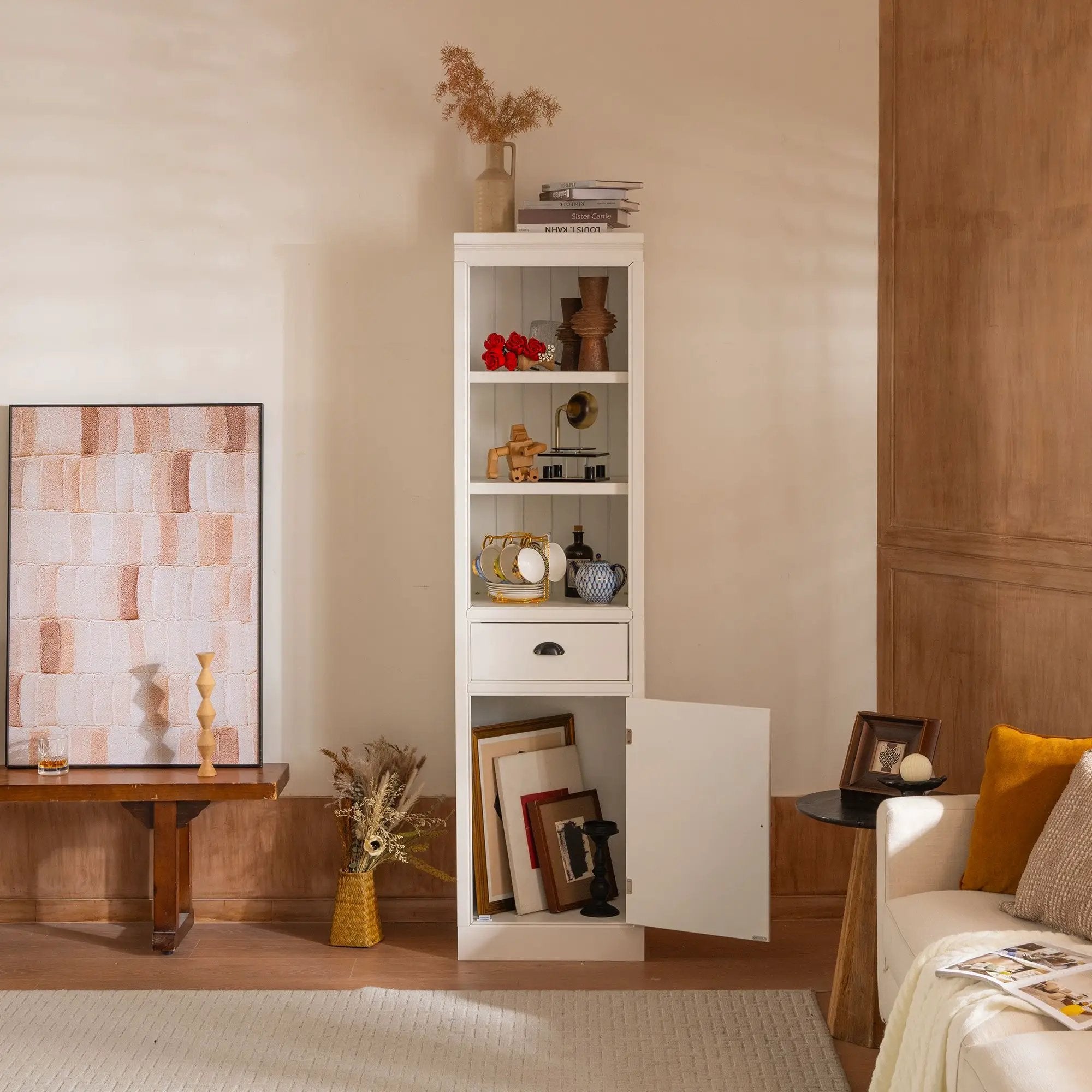 Retro Style 75'' Tall Display Shelf With Cabinet For Hallways Living Room Kitchen - White by Unique Piece Furniture