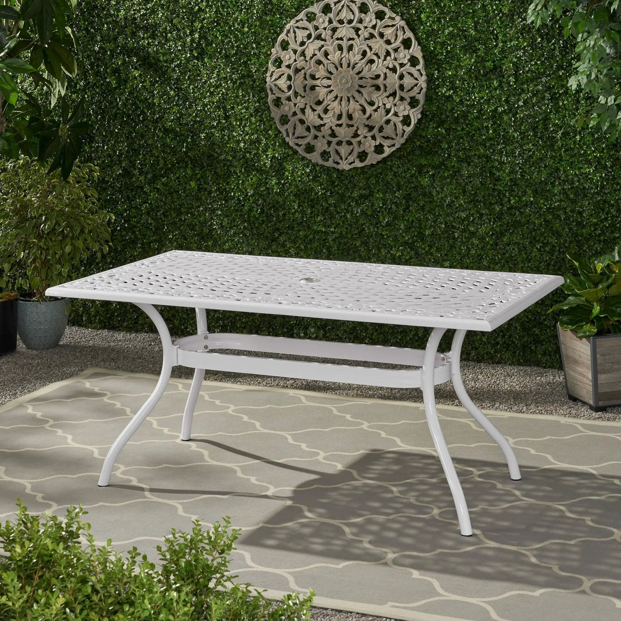 Celestine Outdoor Cast Aluminum Dining Table with Floral Lattice Design and Umbrella Holder by HouseOfZazla