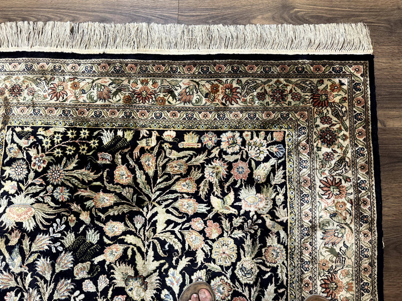 Silk Rug 4x6, Black and Cream, Floral & Bird Pictorials, Fine 330 KPSI, Sino Persian Rug by Jewel Rugs