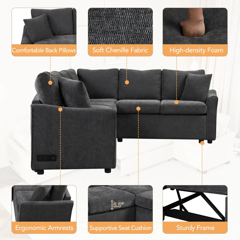 L-Shaped Sofa Convertible Sofa Bed Pull Out Sofa Sleeper With Two Back Pillows, Two USB Ports And Two Power Sockets For Living Room by HouseOfZazla