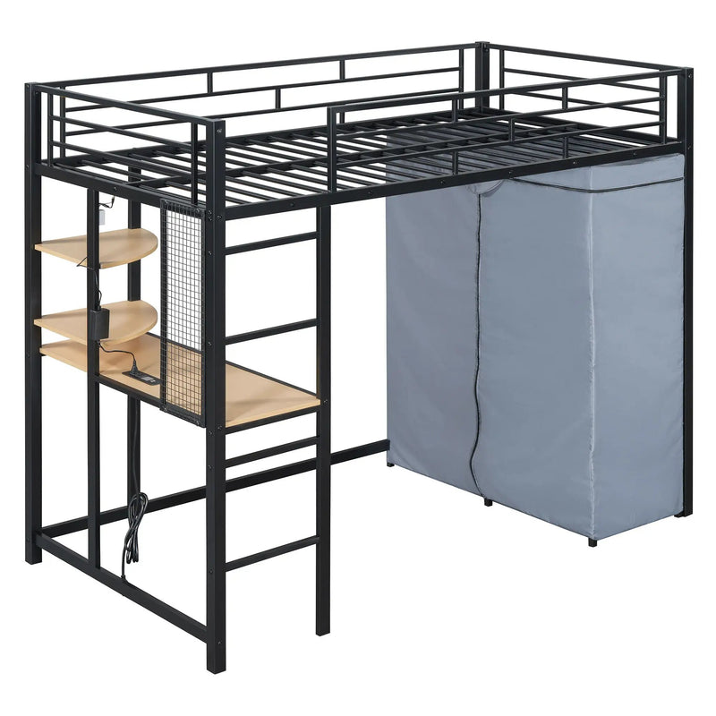 Loft Bed With Desk, Shelves, Power Outlet, LED Light And Wardrobe by HouseOfZazla