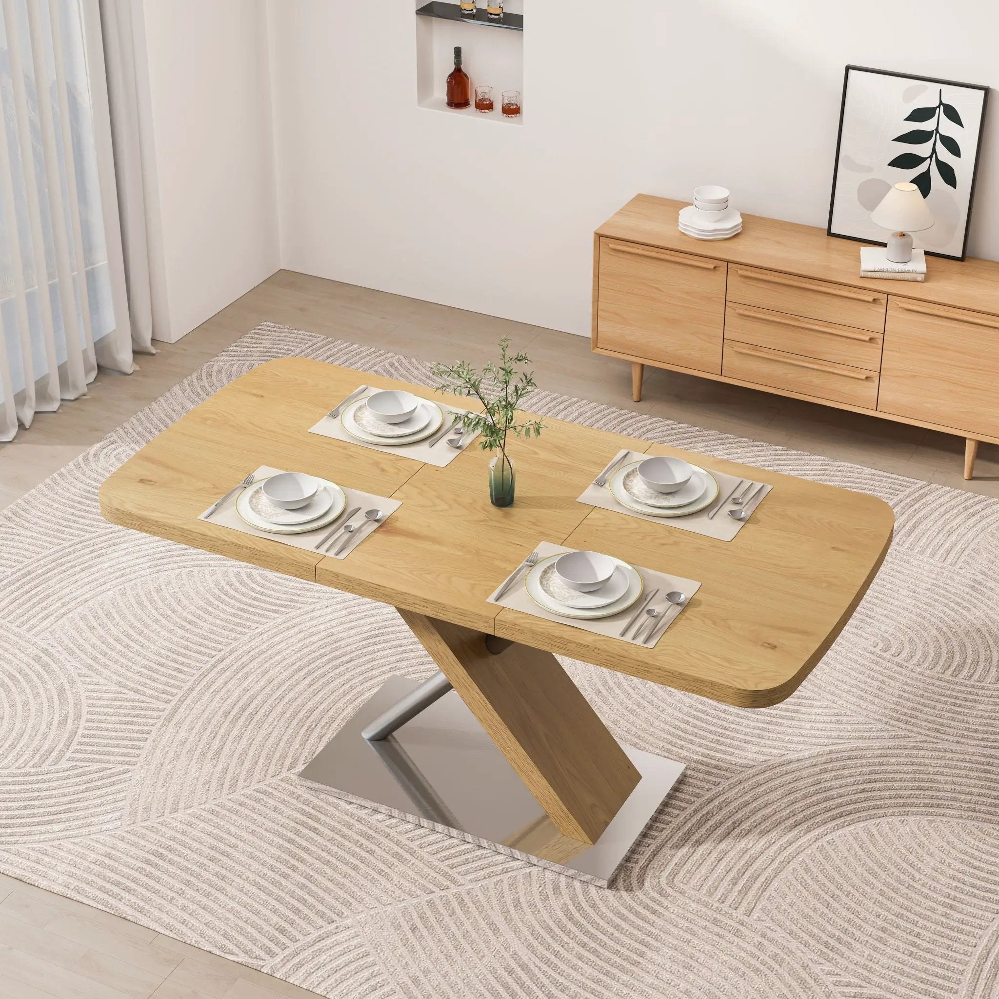 Retractable Square Dining Table, Seating 4 - 6 People, Cross Base With Stainless Steel Tubing, Expandable - Natural by Unique Piece Furniture