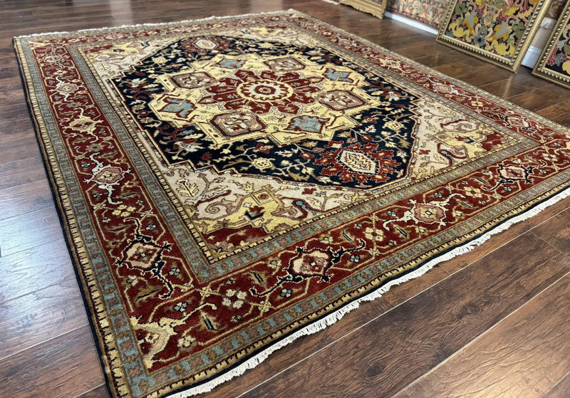 Indo Persian Heriz Rug 8x10, Geometric Medallion, Serapi Carpet, Wool Vintage Rug by Jewel Rugs