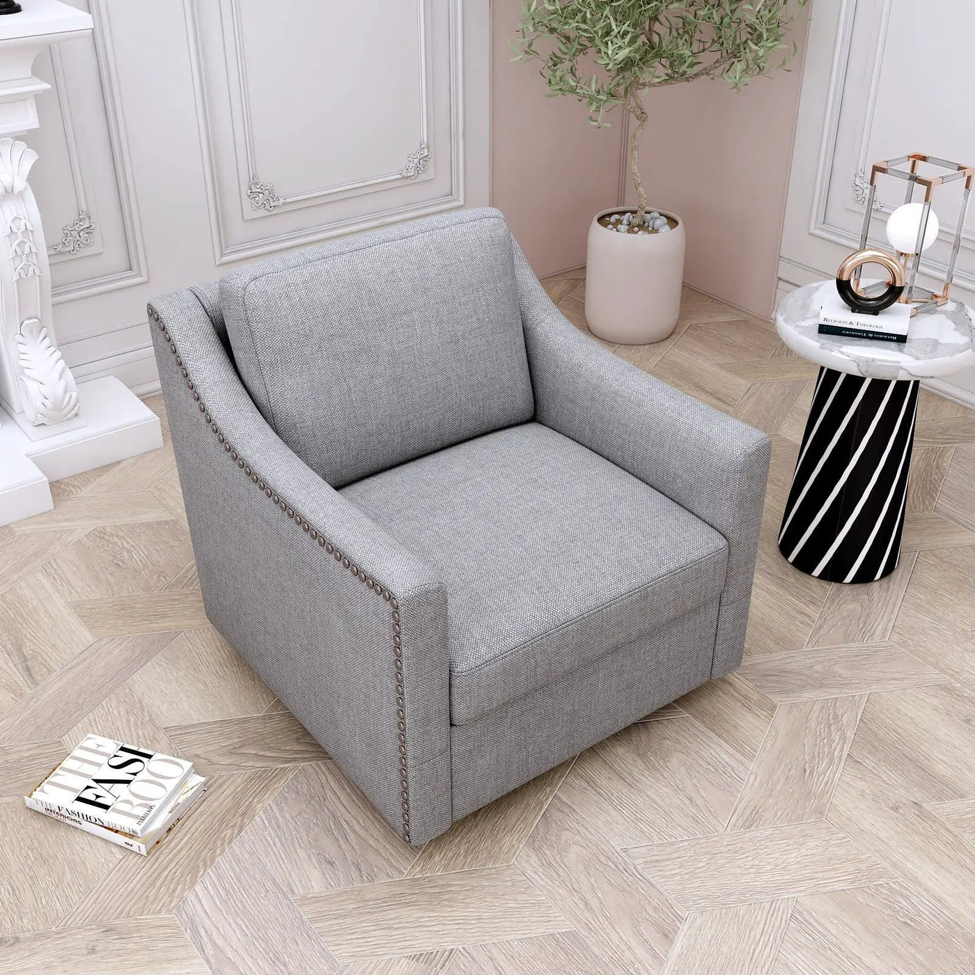360 Degree Swivel Armchair, Skin Friendly Fabric, Ergonomic Design, Brass Nail Decorative Armchair by Unique Piece Furniture