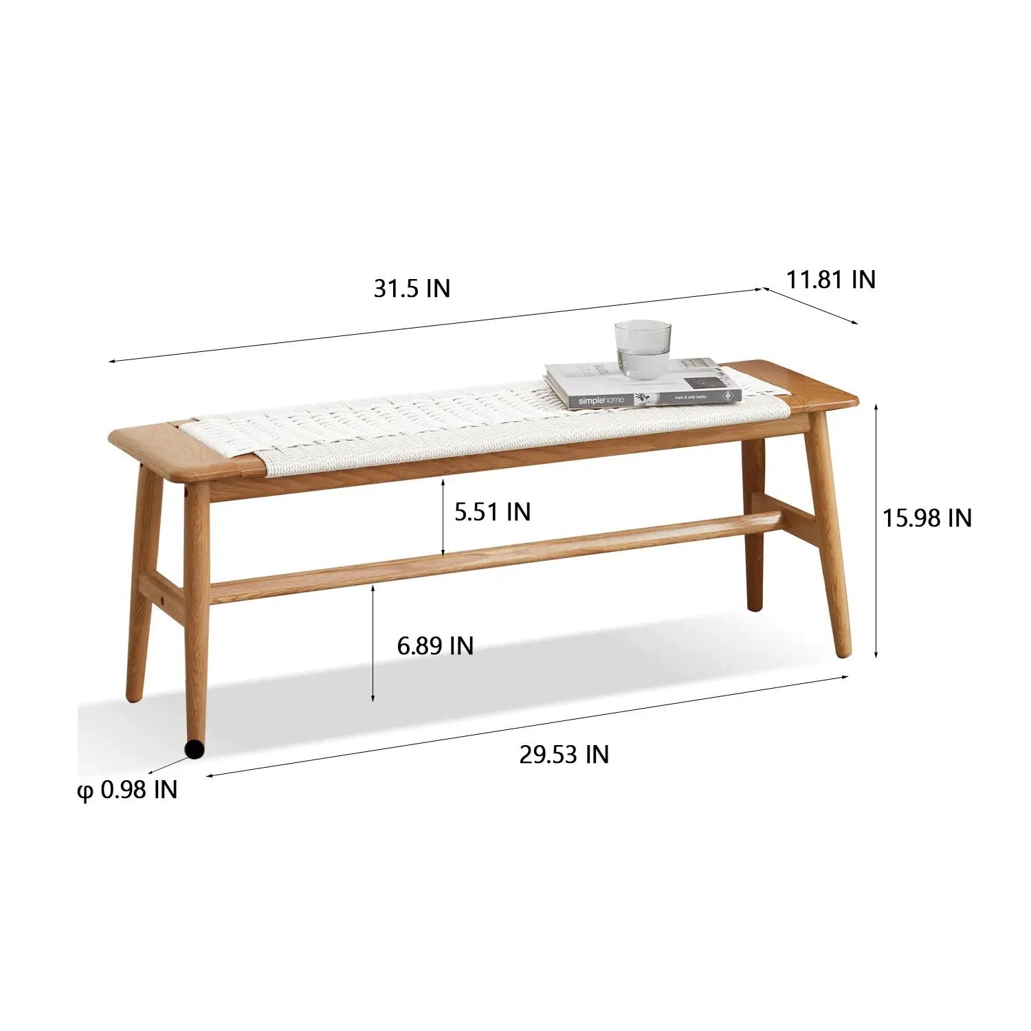 Design Natural Oak Wood Dining Bench with Handwoven Cane Seat in White by HouseOfZazla