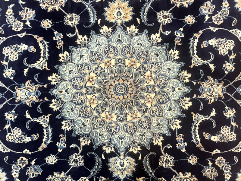 Persian Nain Rug 8x11, Navy Blue and Ivory, Handmade Wool Vintage Carpet, Floral Medallion by Jewel Rugs
