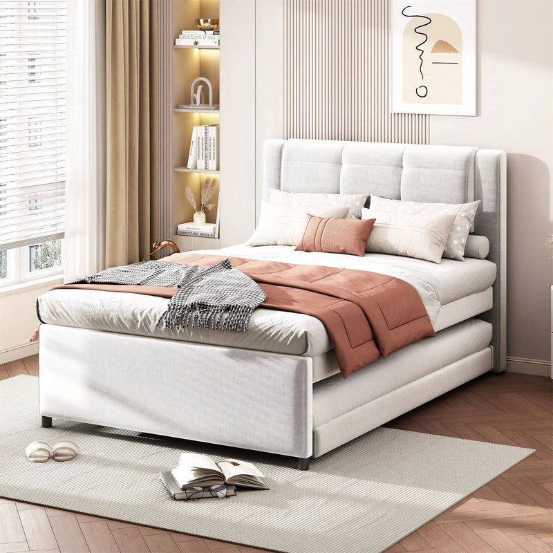 Upholstery Platform Bed With Trundle, Trundle Can Be Flat Or Erected by HouseOfZazla