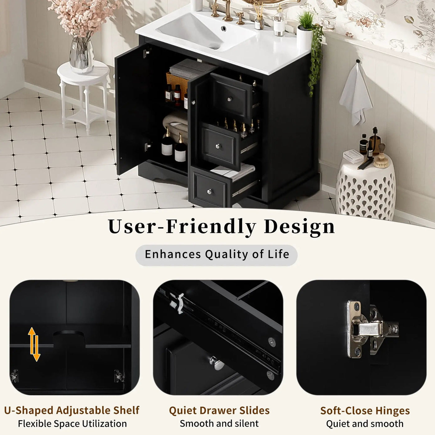 Bathroom Vanity With Sink, Soft-Close Doors, Adjustable U-Shelf, 3 Drawers by HouseOfZazla