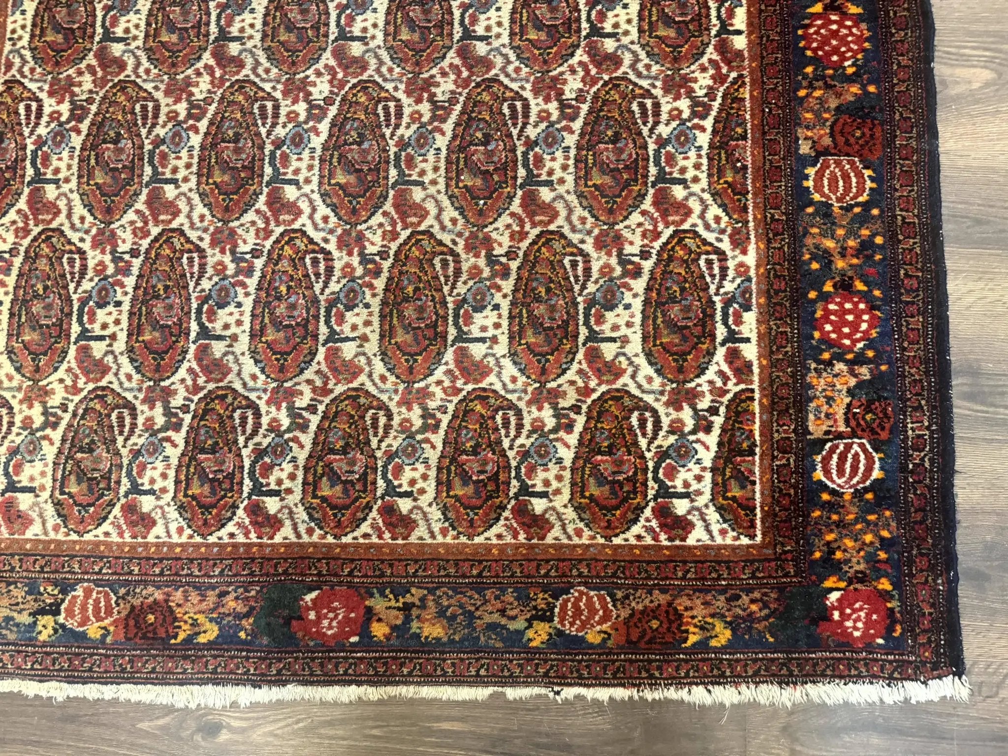 Antique Persian Kurdish Senneh Rug 4.6 x 6.5, Repeated Paisely Boteh Design, Handmade by Jewel Rugs