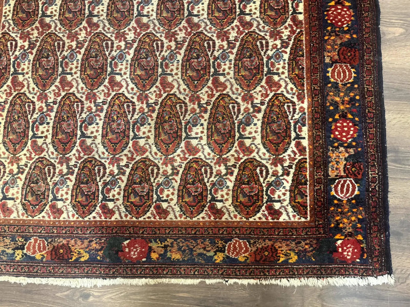Antique Persian Kurdish Senneh Rug 4.6 x 6.5, Repeated Paisely Boteh Design, Handmade by Jewel Rugs