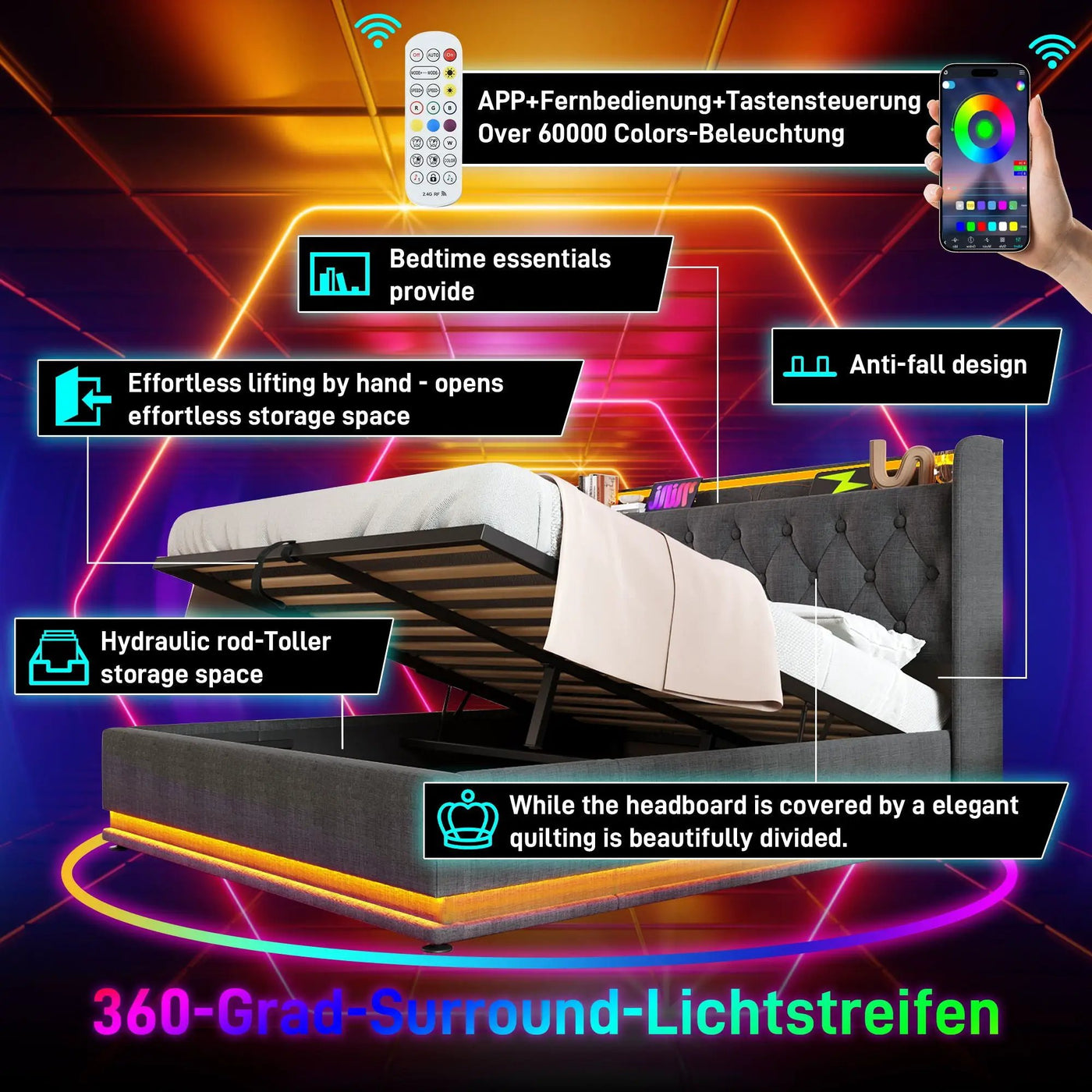 Upholstered Bed, 360 Surround LED Function, Remote Control, Hydraulic Storage Bed With USB, Type-C Charging (Without Mattress) by Unique Piece Furniture