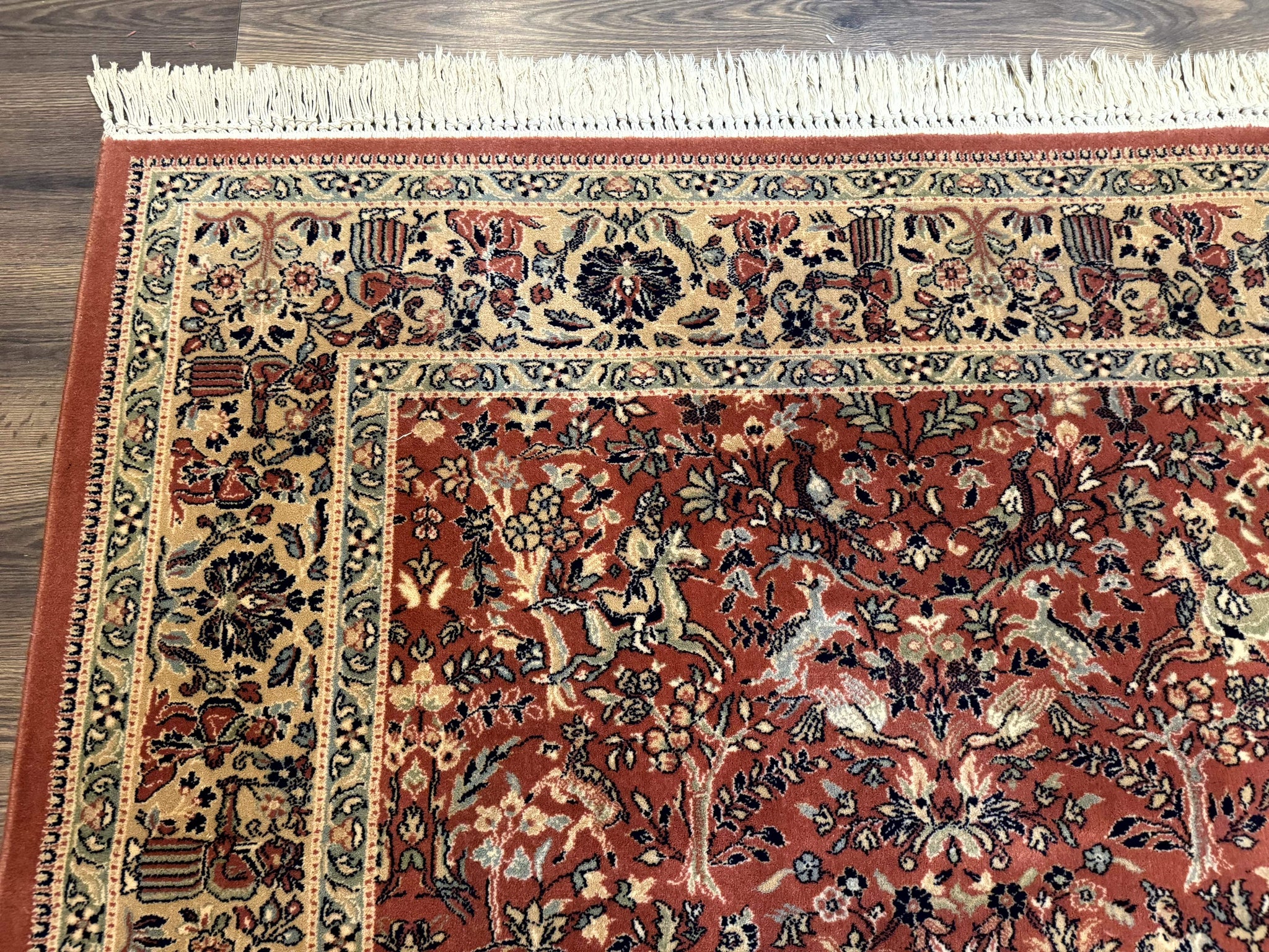 Persian Area Rug 8 x 11.6, Wool, Royal Hunting Scene, Vintage Couristan Rug, Red, Allover Pattern, Belgium Power Loomed by Jewel Rugs