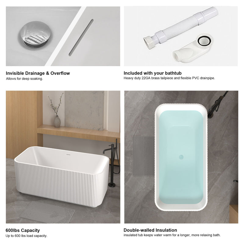 Rectangle Linear Freestanding Soaker Tub With Pop Up Drain, Double Wall Insulated Construction - Gloss White by HouseOfZazla