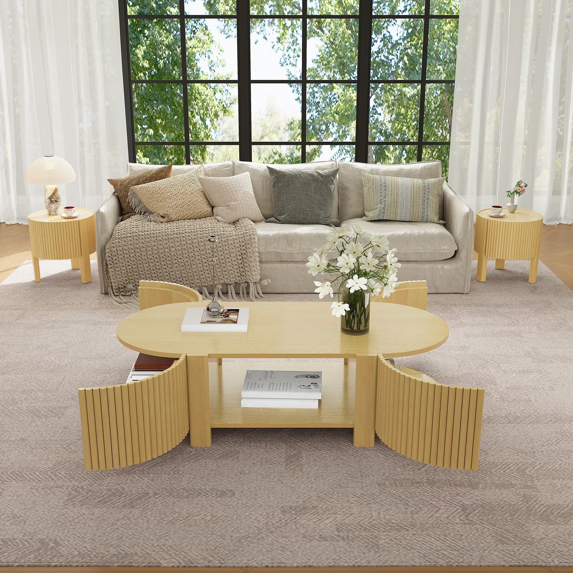 Oval Fluted Coffee Table with Storage for Living Room by HouseOfZazla