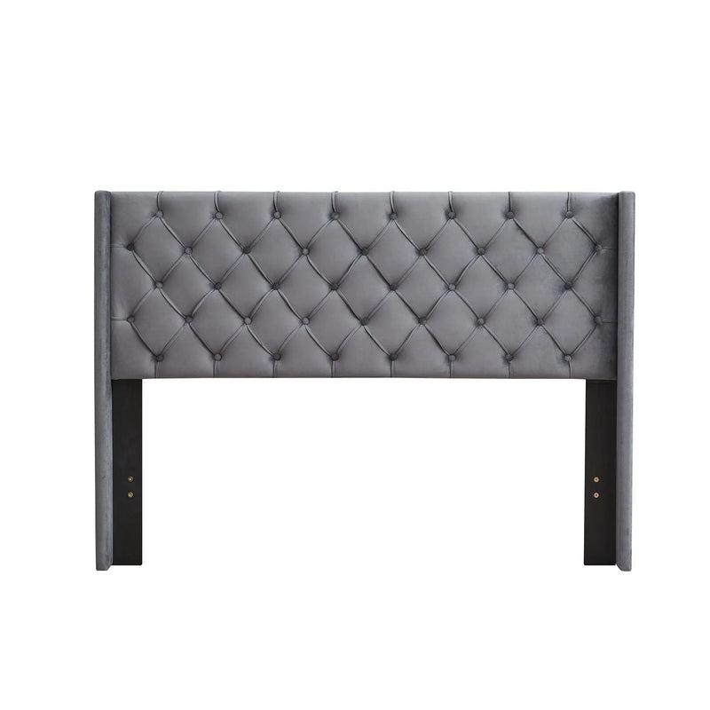 Velvet Button Tufted-Upholstered Bed With Wings Design Strong Wood Slat Support Queen Platform Bed - Gray by Unique Piece Furniture