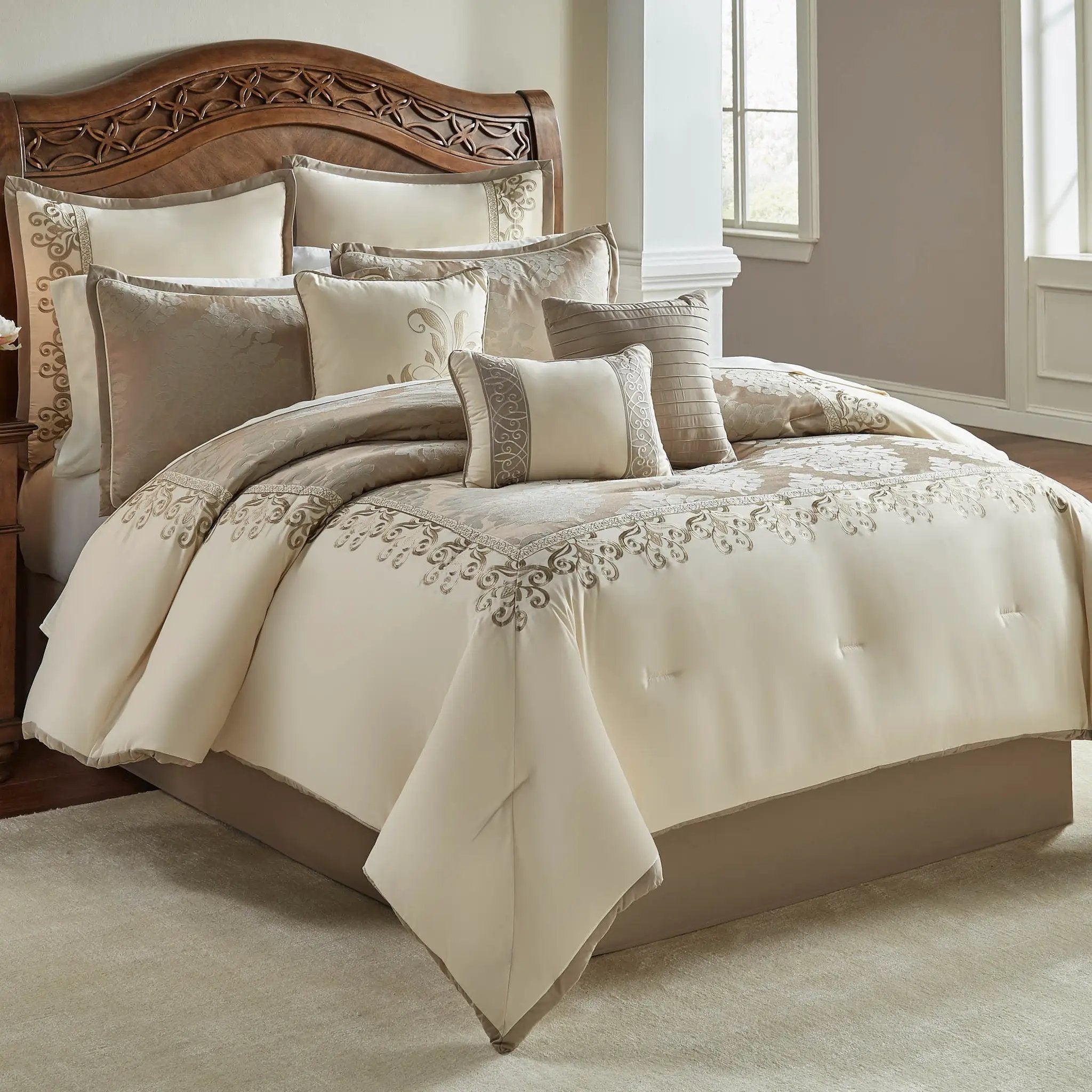 Hillcrest 9-Pc Ivory Damask Jacquard Comforter Ensemble by HouseOfZazla