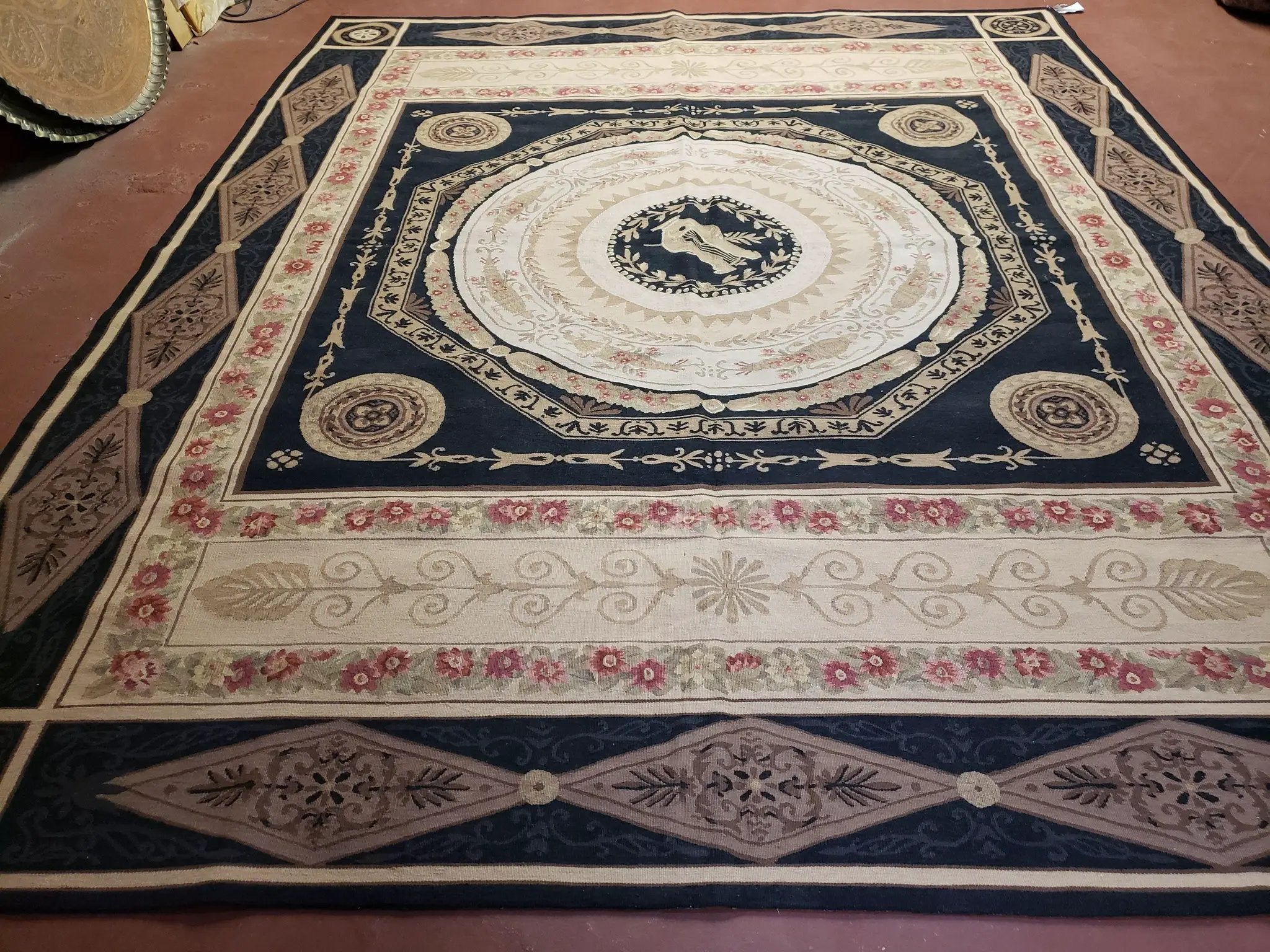 8x10 Woolen Needlepoint Rug Black European Savonnerie Carpet Circles Flat Weave Carpet Area Rug New Handmade Hand-Knotted Harp Flowers by Jewel Rugs