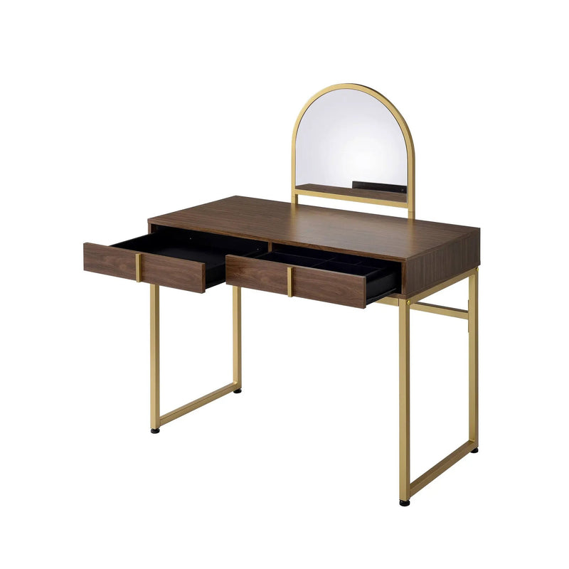 Coleen Walnut & Gold Finish Vanity Desk with Mirror & Jewelry Tray by HouseOfZazla