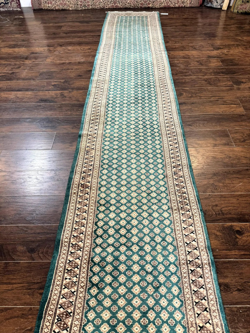 Long Pakistani Runner Rug 2.8 x 20, Hand Knotted Vintage Wool Hallway Rug, Turkoman Rug, Teal and Tan, Handmade Vintage Wool Runner by Jewel Rugs