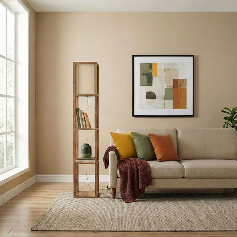 Pinnacle - Shelf Floor Lamp For Bedroom / Living Room, Long Shade - Natural Wood / White by Unique Piece Furniture