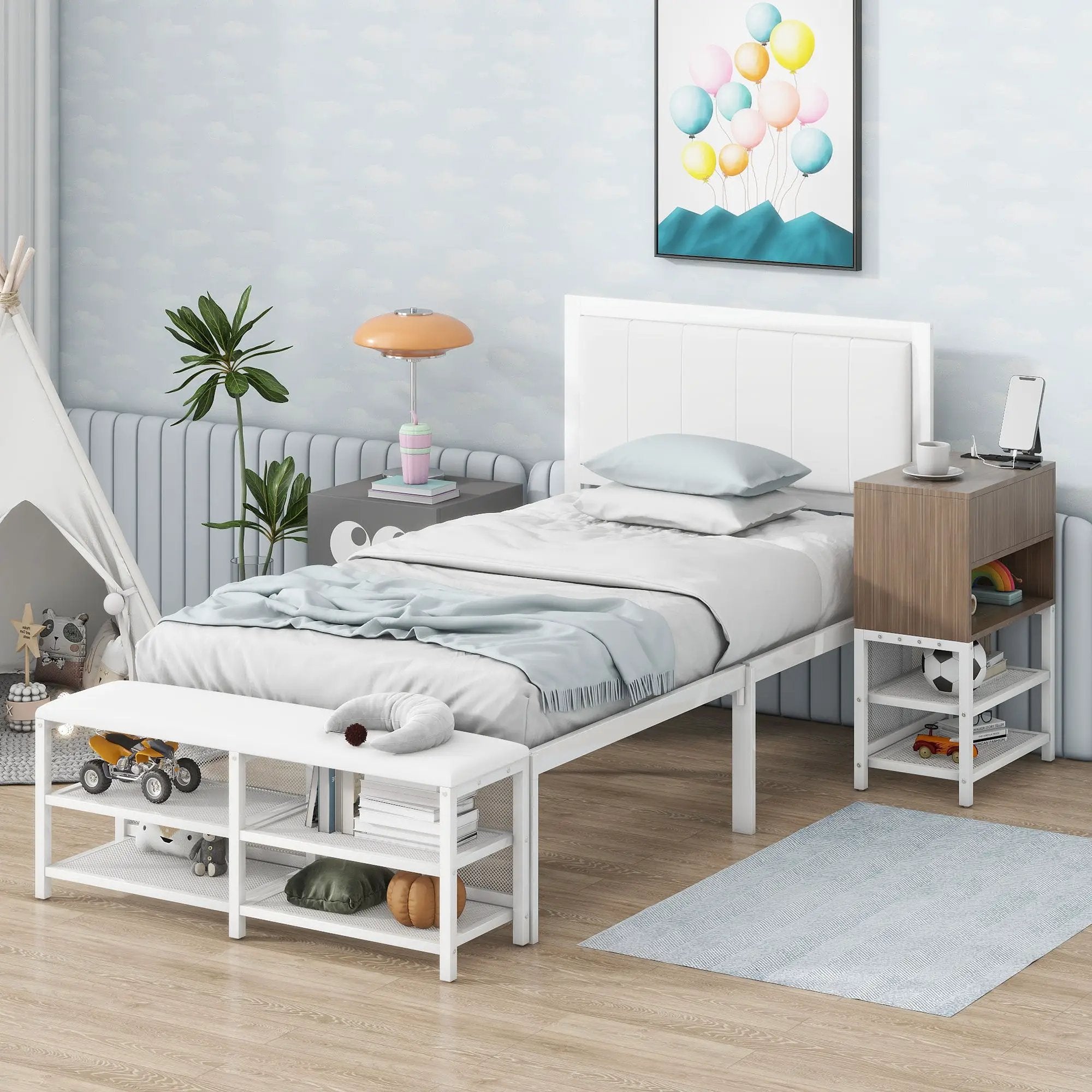 Platform Bed With 2 Tier Storage Shelves, Storage Cabinet by Unique Piece Furniture
