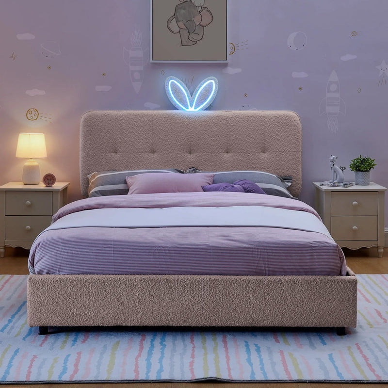 Upholstered Bed With Oversized Rabbit Ear Headboard, LED Lights & 4 Storage Drawers by Unique Piece Furniture