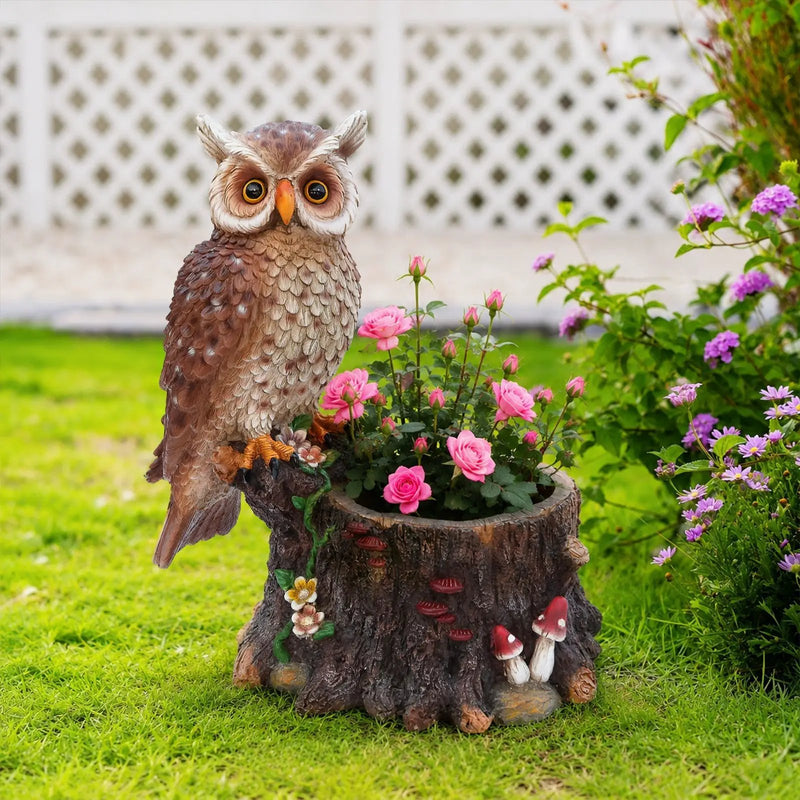 Sitting Owl with Tree Trunk Garden Planter by HouseOfZazla