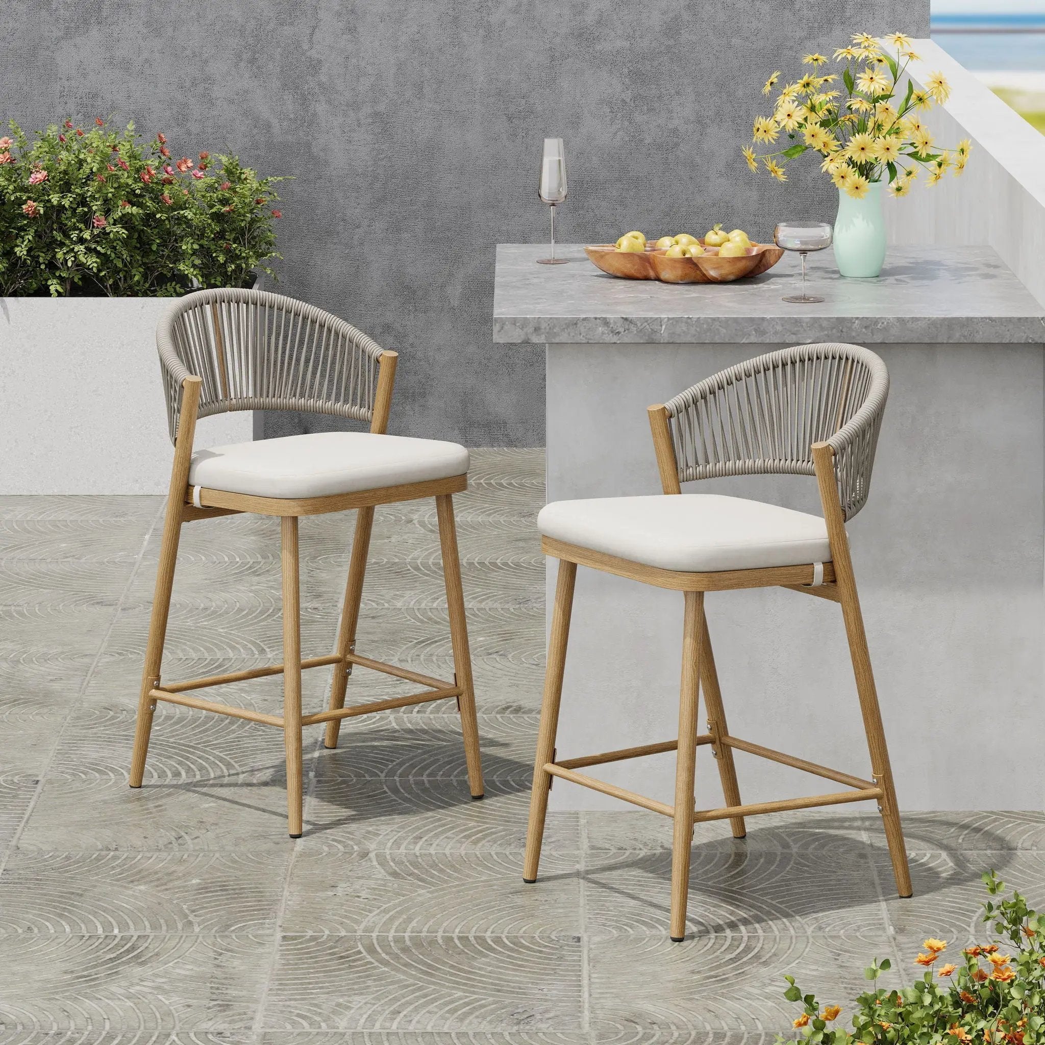 Outdoor 26" Counter Height Metal Frame Counter Stools With Scallop Shaped Backrest & Water Resistant Cushions by HouseOfZazla