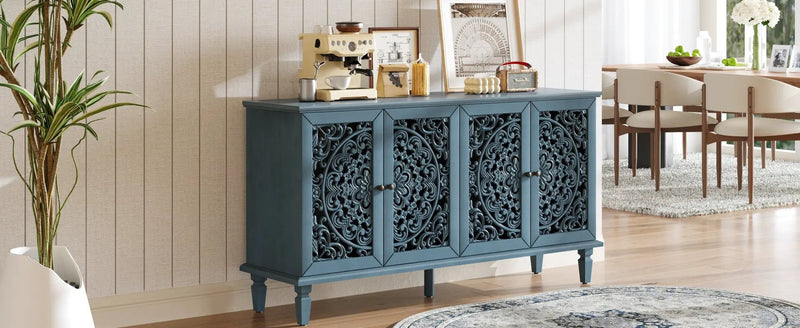 60" Antique Buffet Cabinet with Floral Carvings and Adjustable Shelves by HouseOfZazla