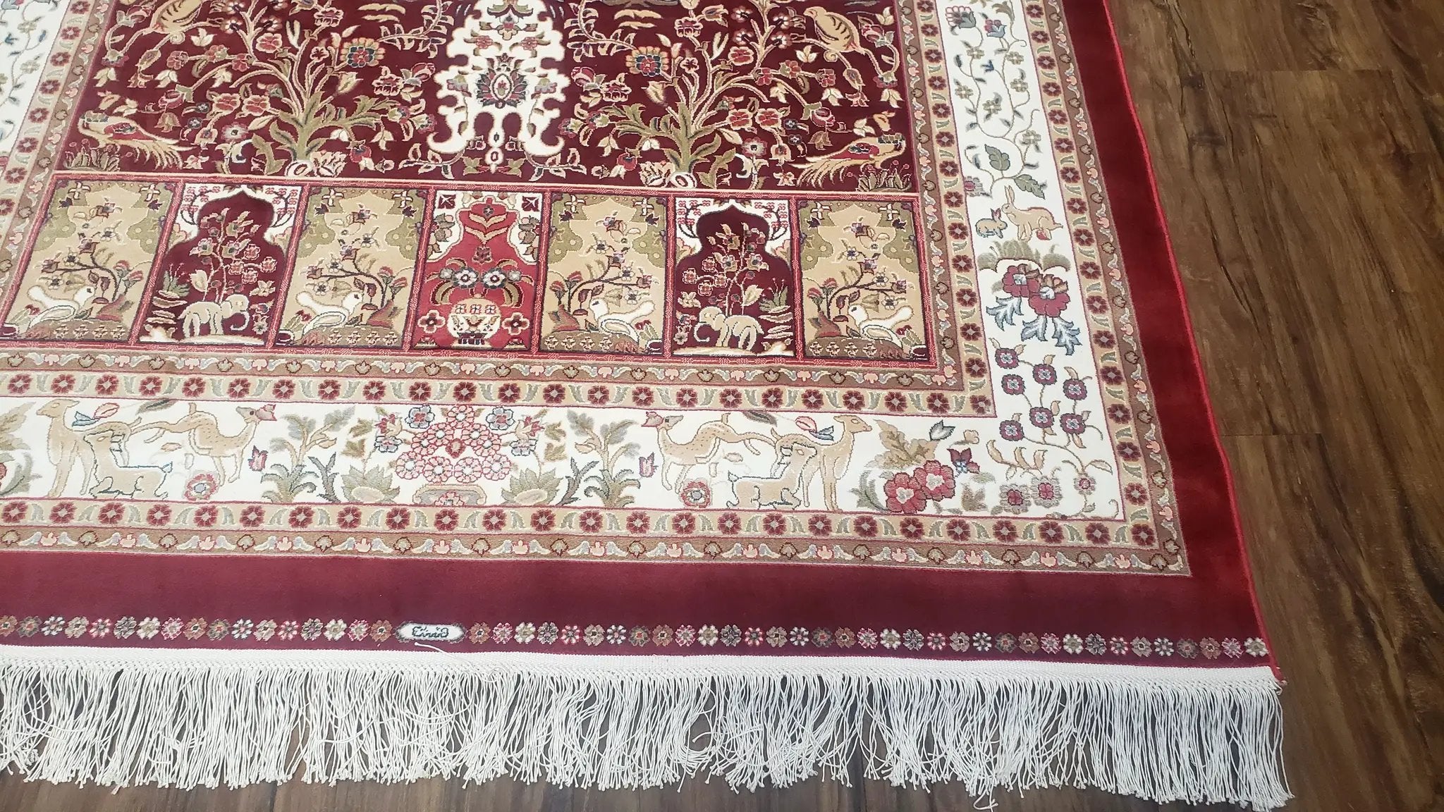 Silk Carpet 4x6 Dark Red & Cream, Tree of Life Rug, Animal Motifs, Birds Deer Rabbits, All Bamboo Silk, 4 x 6 Silk Area Rug by Jewel Rugs