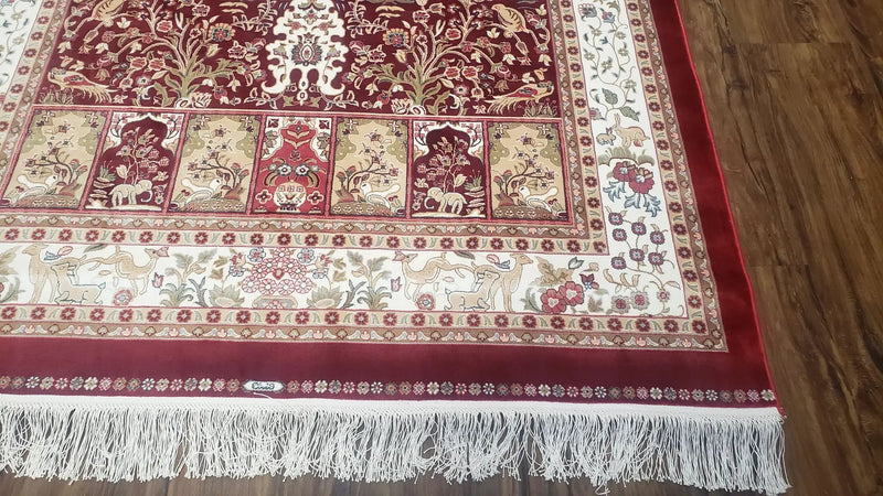 Silk Carpet 4x6 Dark Red & Cream, Tree of Life Rug, Animal Motifs, Birds Deer Rabbits, All Bamboo Silk, 4 x 6 Silk Area Rug by Jewel Rugs