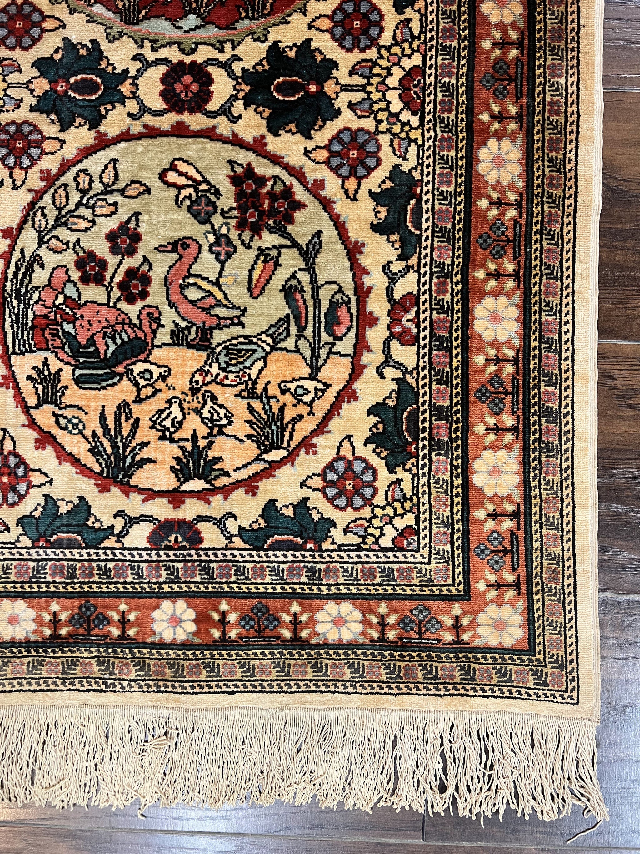 Silk Turkish Rug 2x4, Fine Handmade Oriental Rug, Animal Pictorial Birds Silk Pile on Silk Foundation Vintage Hand Knotted Hereke Carpet by Jewel Rugs