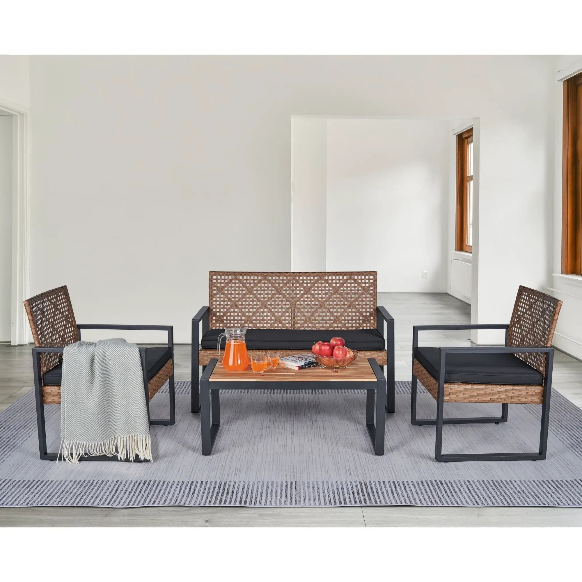4 Piece Patio Furniture Set With Acacia Wood Table Top And Cushions by HouseOfZazla