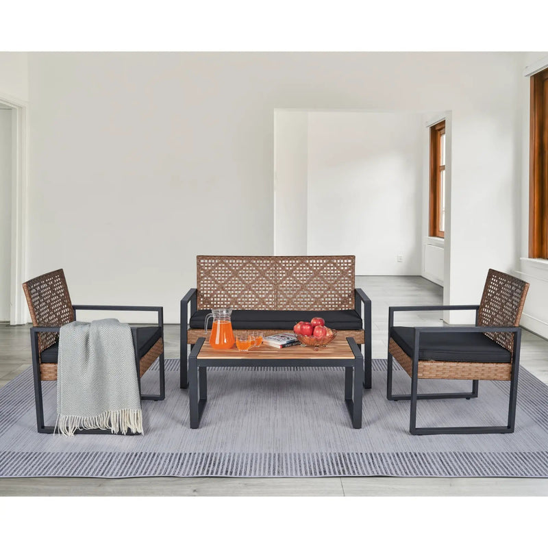 4 Piece Patio Furniture Set With Acacia Wood Table Top And Cushions by HouseOfZazla