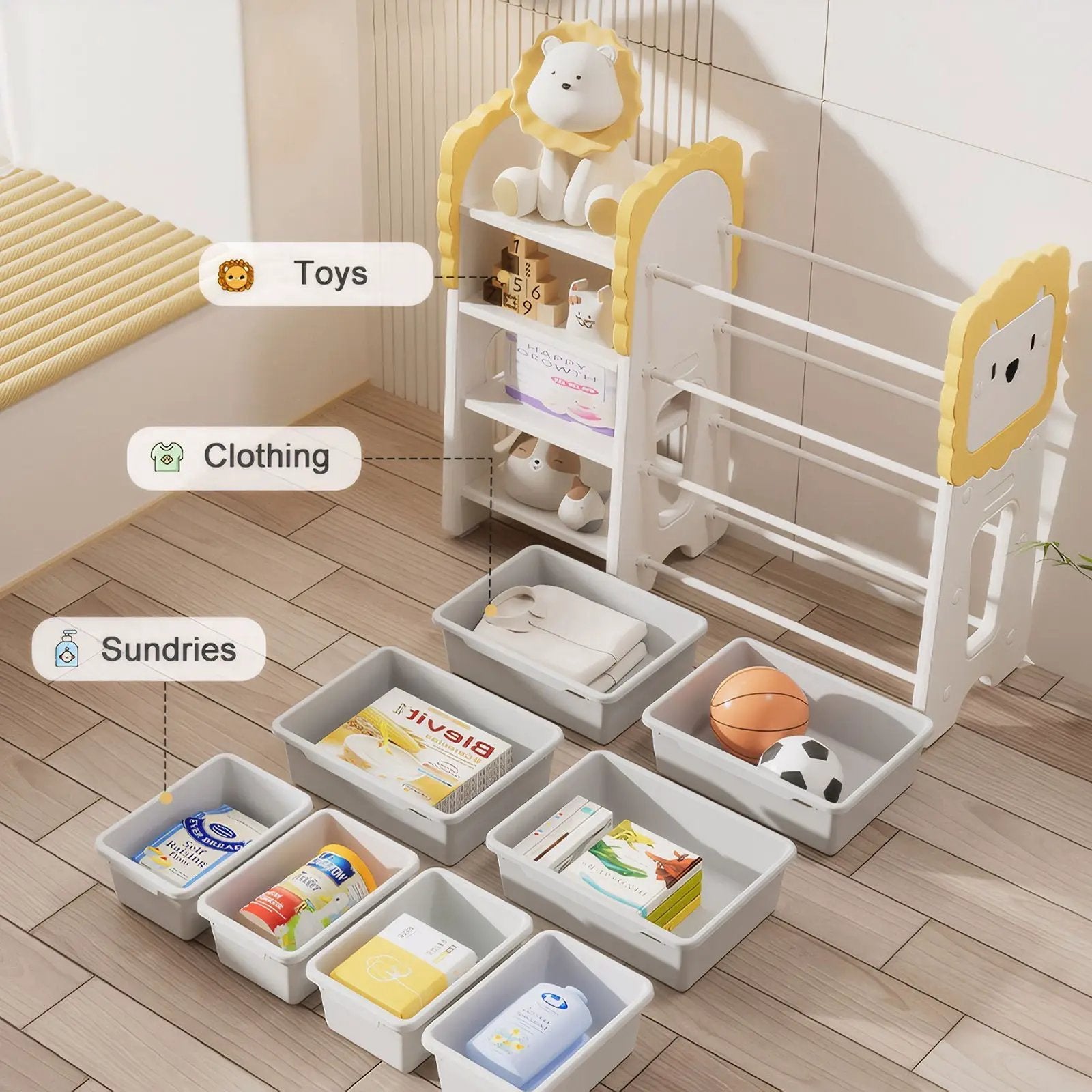 Kids Bookshelf And Toy Storage, 4 Tier Toy Organizers With 8 Removable Storage Bins, Kids Toy Storage Organizer For Study Room - Gray / White / Yellow by Unique Piece Furniture