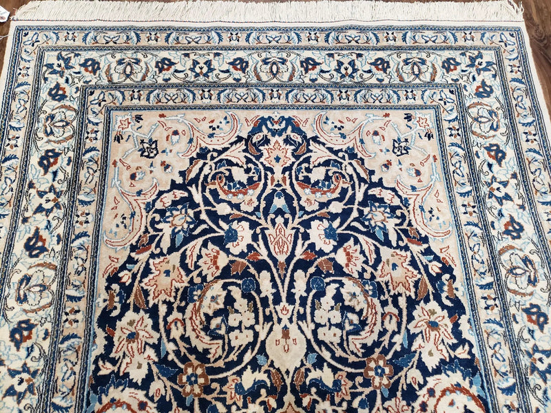 Persian Nain Rug 4x6, Ivory and Blue, Hand-Knotted, Wool & Silk by Jewel Rugs