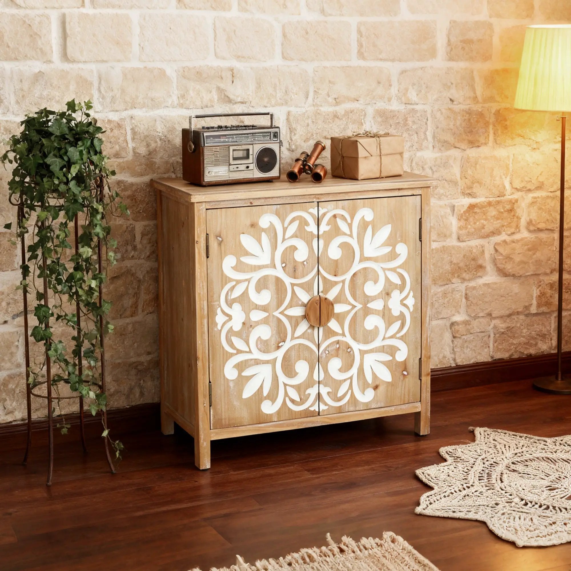 Rustic Wooden Accent Cabinet with Floral Carved Doors by HouseOfZazla
