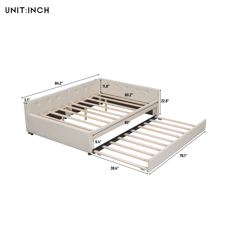 Queen Size Upholstered Platform Bed With USB And Twin Trundle - Beige by HouseOfZazla