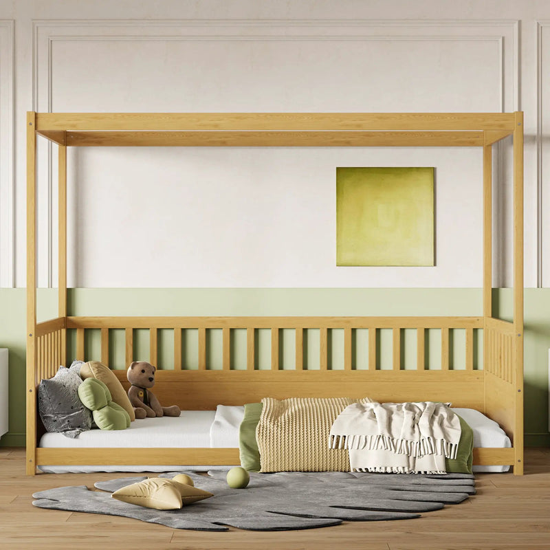 Twin Size Canopy Bed Frame with Guardrails for Kids by HouseOfZazla