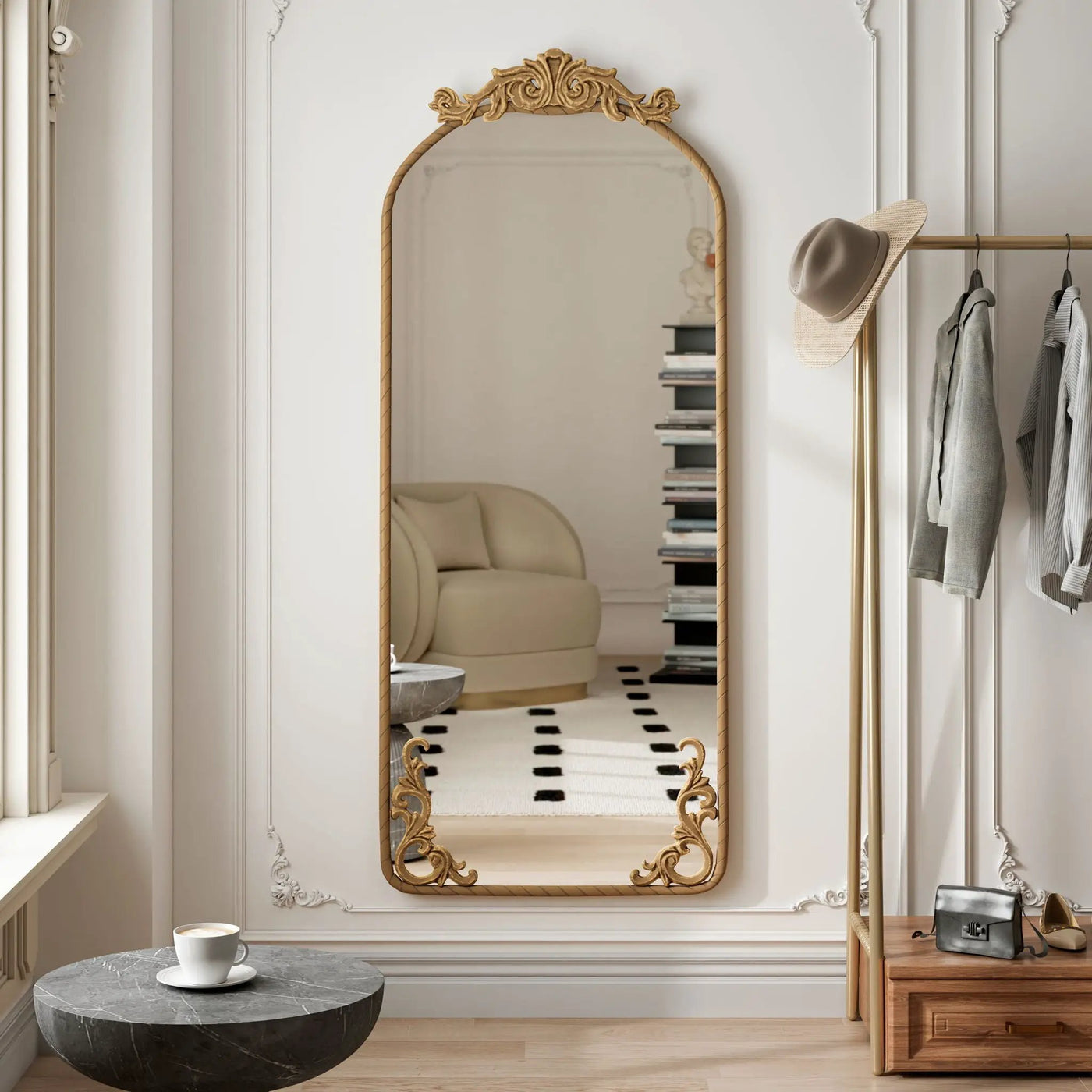 Full Body Arched Mirror With Vintage Carved Applique by Unique Piece Furniture