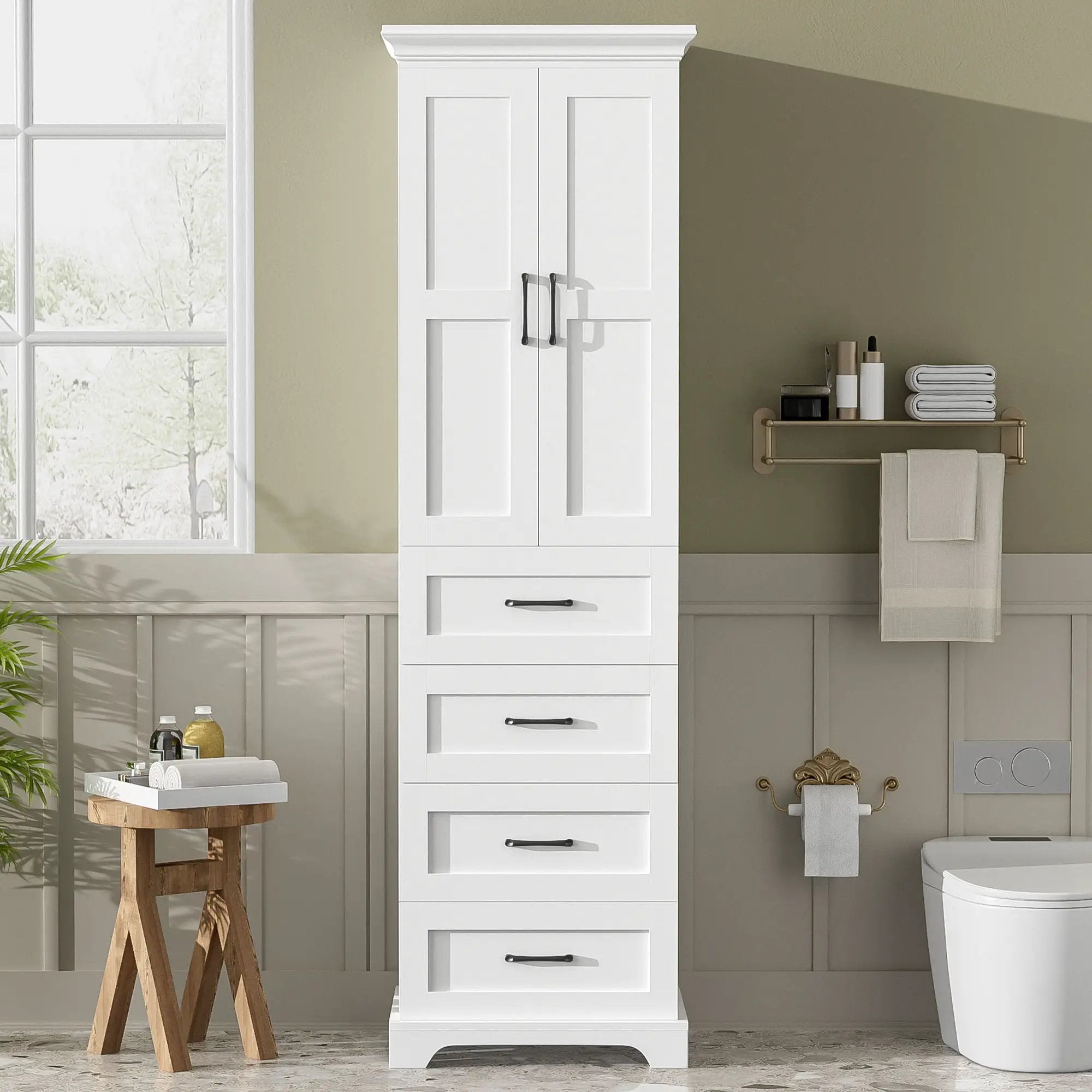 Bathroom Vanity With 2 Damping Hinge Doors, 3 Drawers, Adjustable Shelves - White by HouseOfZazla