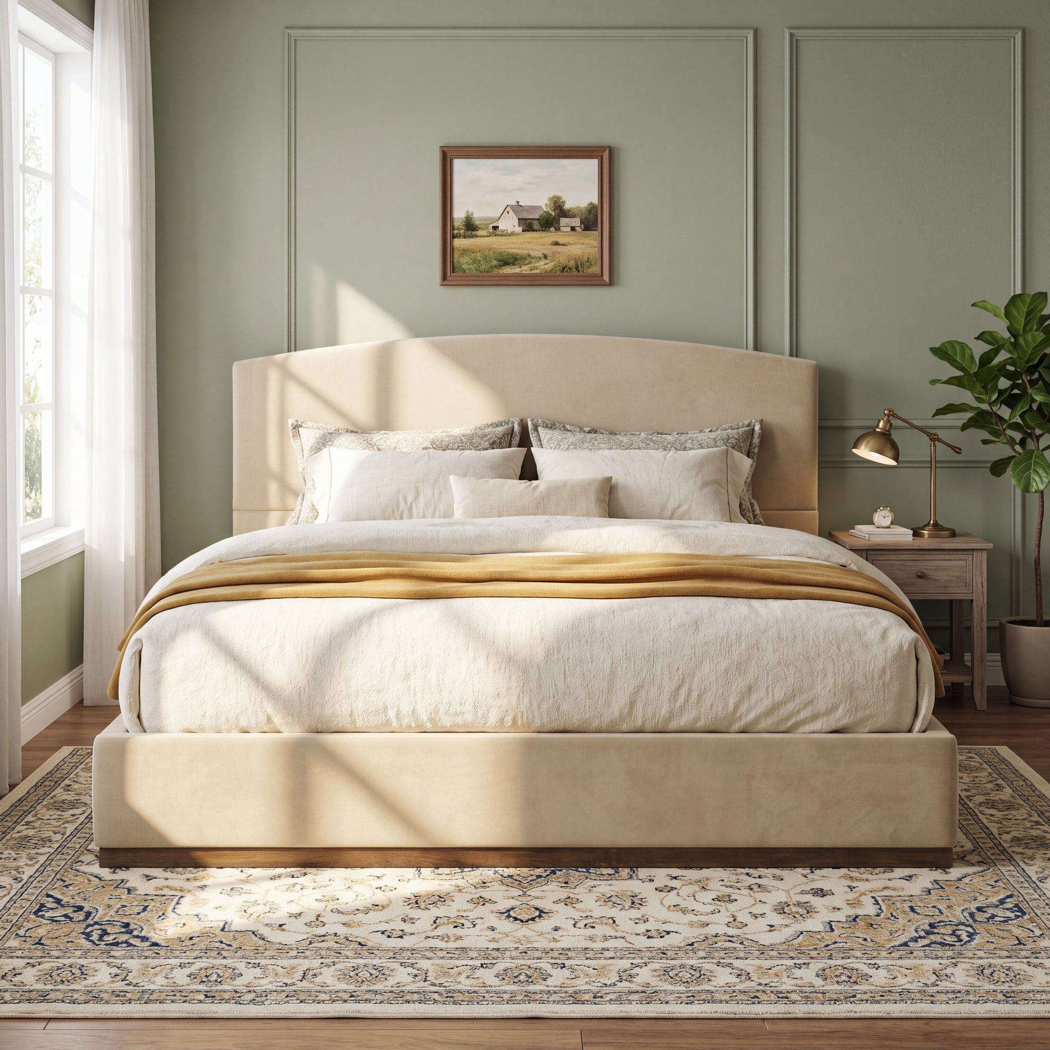 King Size Upholstered Bed Frame With Velvet Fabric Thick Headboard, Solid Wood Base, Camel by HouseOfZazla